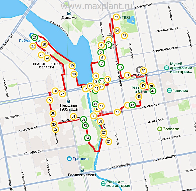 Карта маршрута по Екатеринбургу